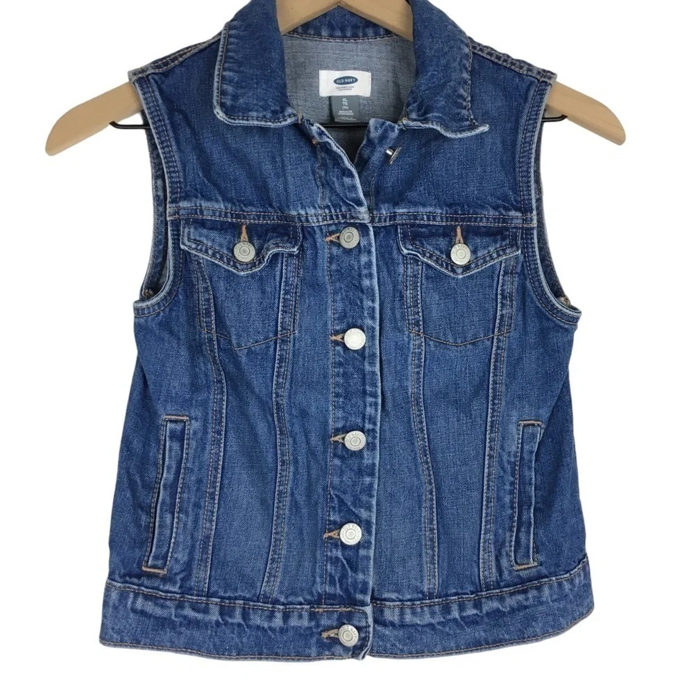 OLD NAVY Girl’s Denim Jean Vest Medium Wash 100% Cotton Western Size XL (14)